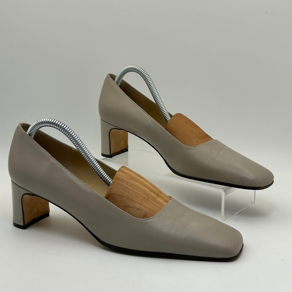 Talbots Leather Pumps Women 9N Taupe Square Toe Block Heel Shoes Minimalist Work